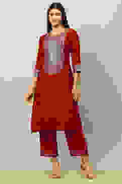 Red Rayon Slub Straight Palazzos image number 0