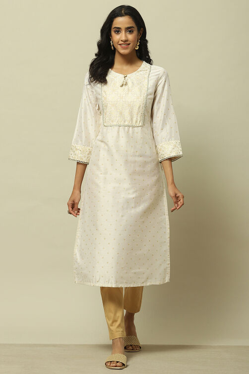 Off White Polyester Straight Kurta image number 5