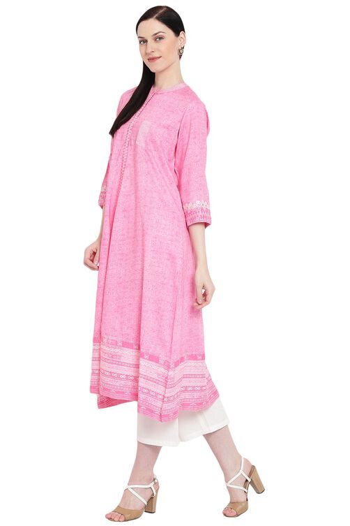 Pink Viscose A-Line Kurta image number 2