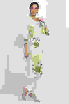 Off-White and Green Cotton Straight Kurta image number 4