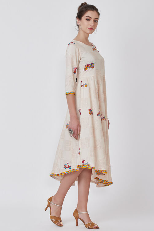 Off White Viscose Rayon Kalidar Dress image number 3