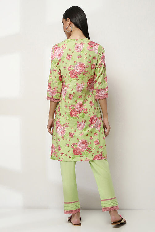 Green Cotton Printed Straight Kurta Set image number 4