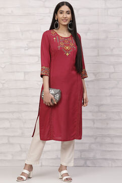 Maroon LIVA Straight Kurta image number 5