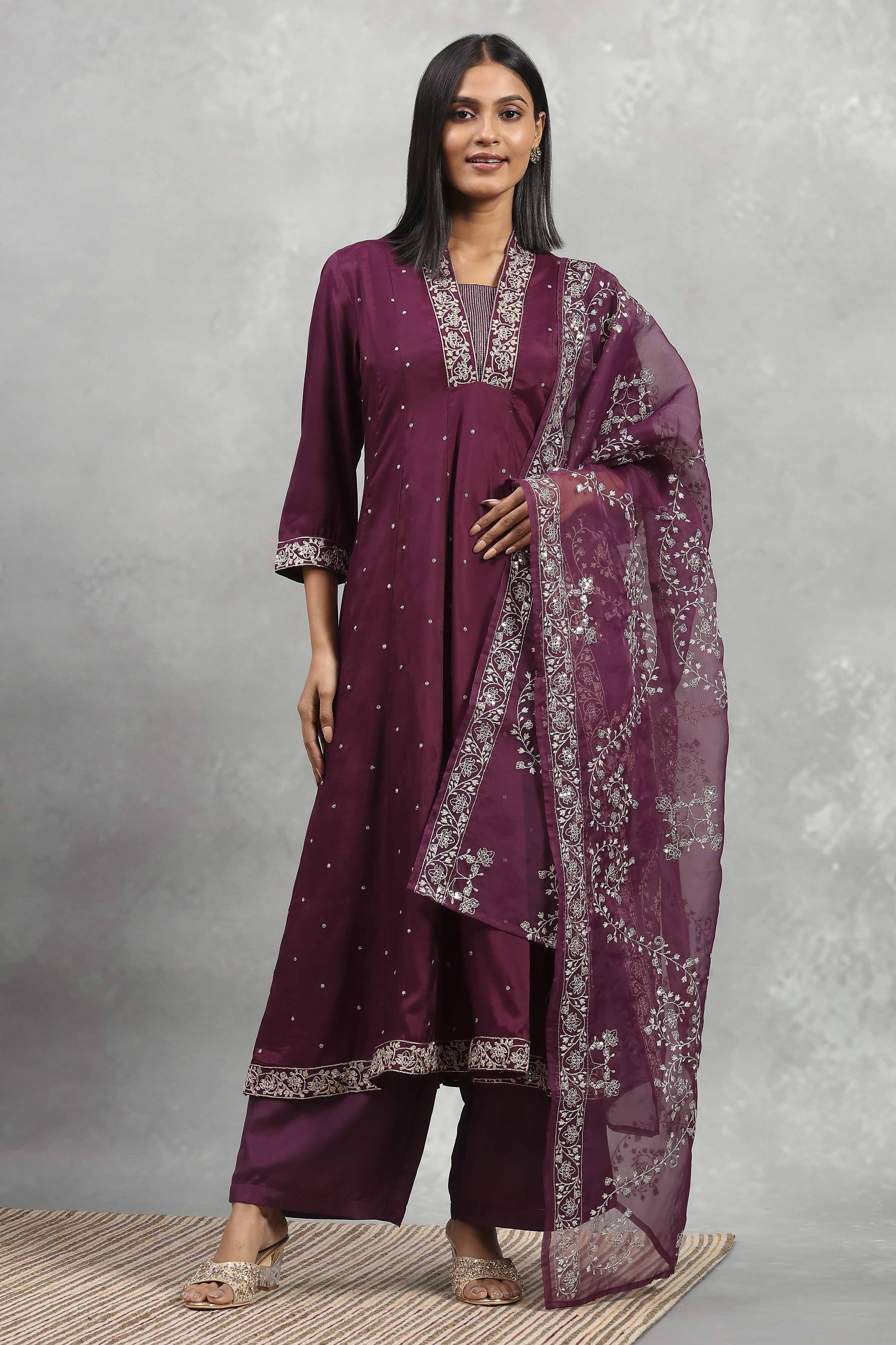 Purple Viscose Rayon Embroidered Kalidar Suit Set image number 6