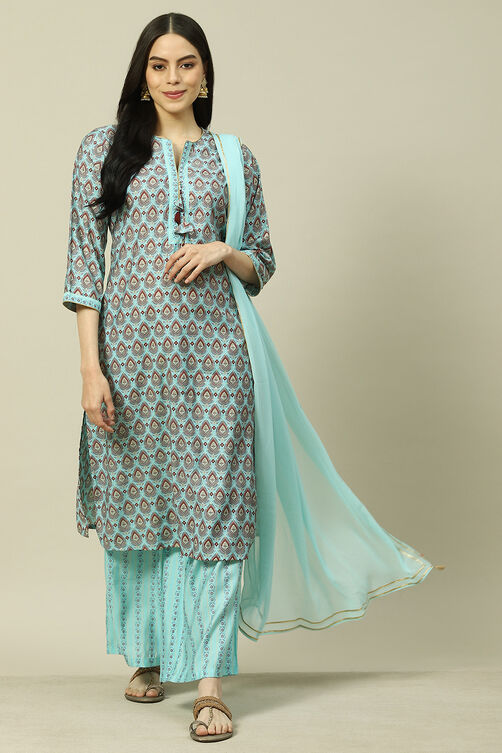 Light Blue Cotton Blend Woven Straight Kurta Suit Set image number 0