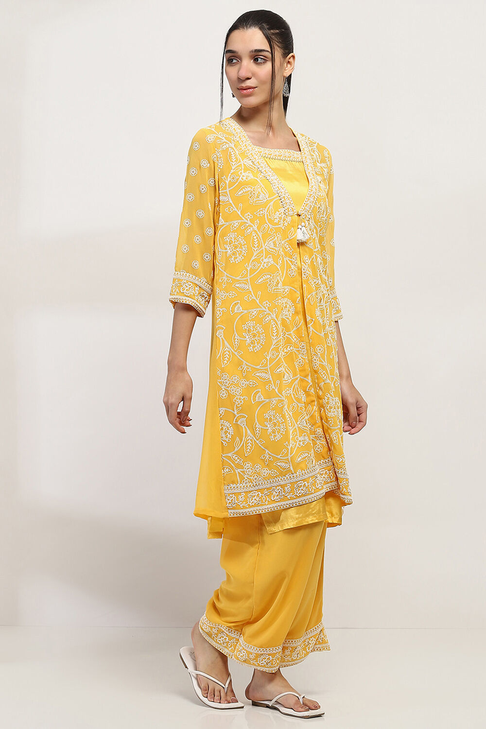 Mustard Yellow Printed Front-Open Kurta image number 4