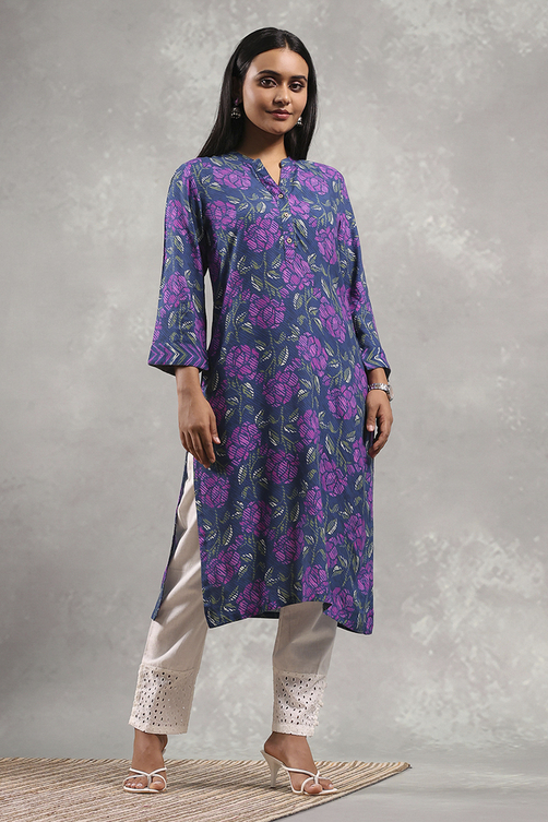 Blue Floral Printed Straight Kurta image number 4