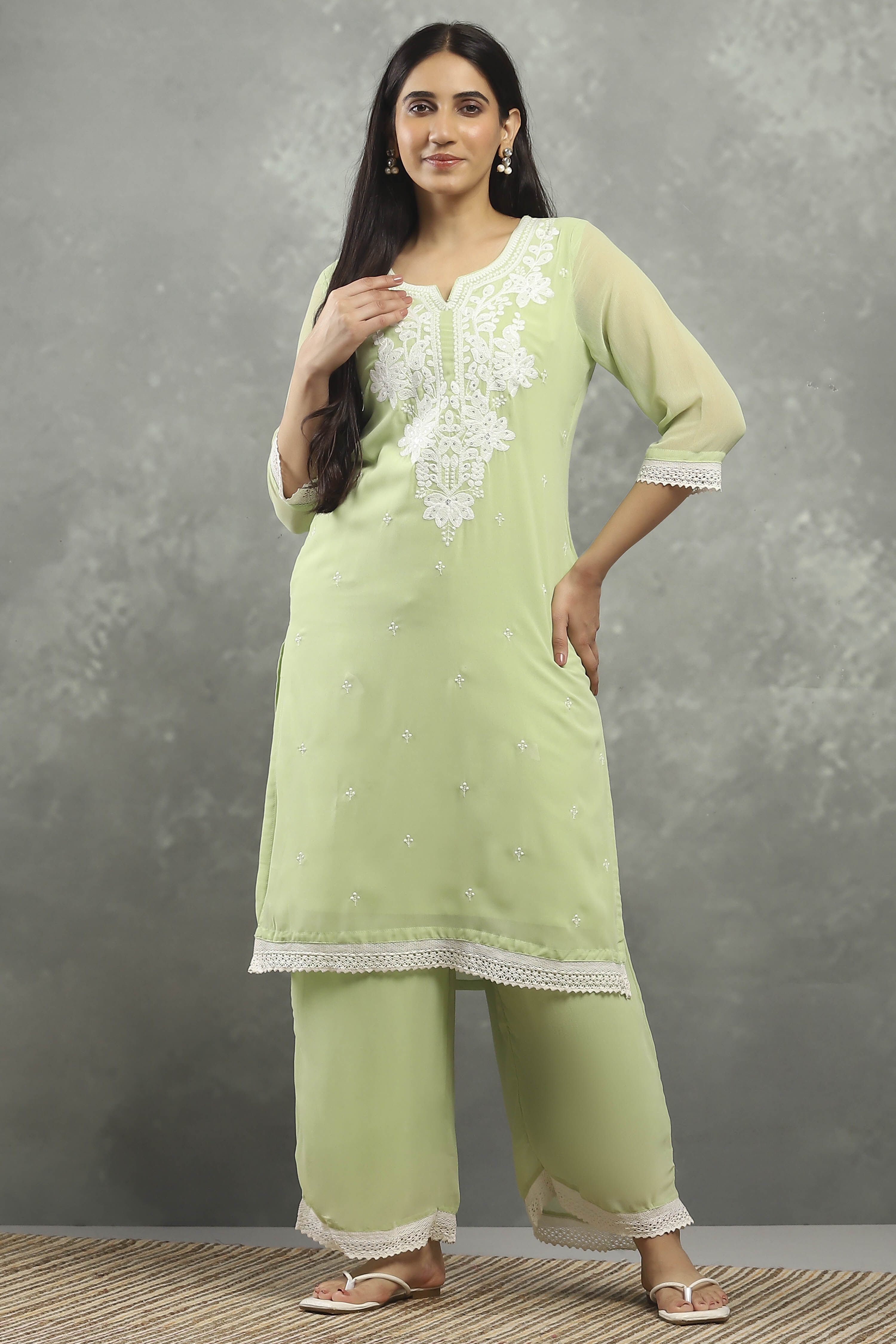 Green Polyester Straight Kurta Pants Set image number 6