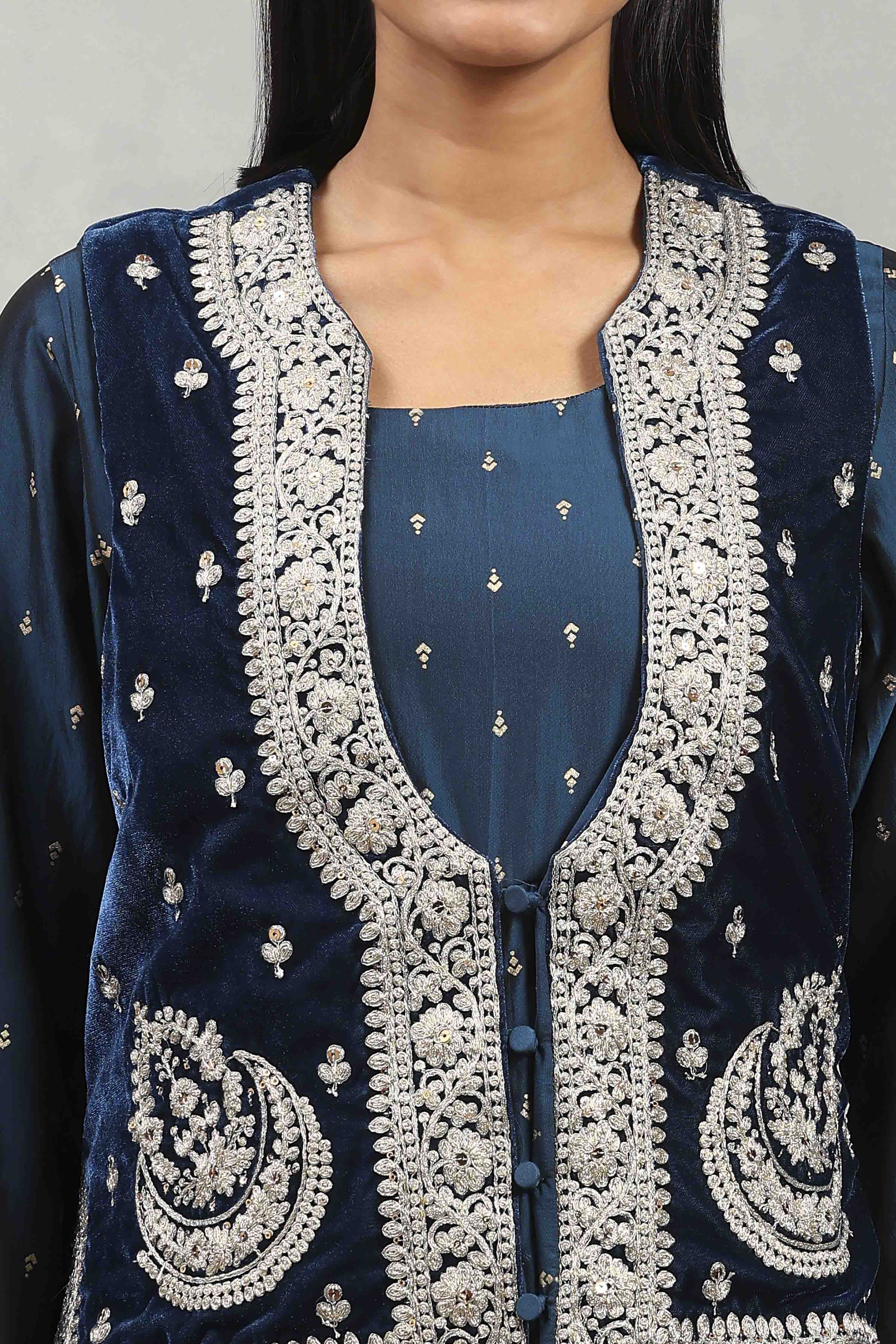 Blue Polyester Blend Printed Kalidar Dress image number 1