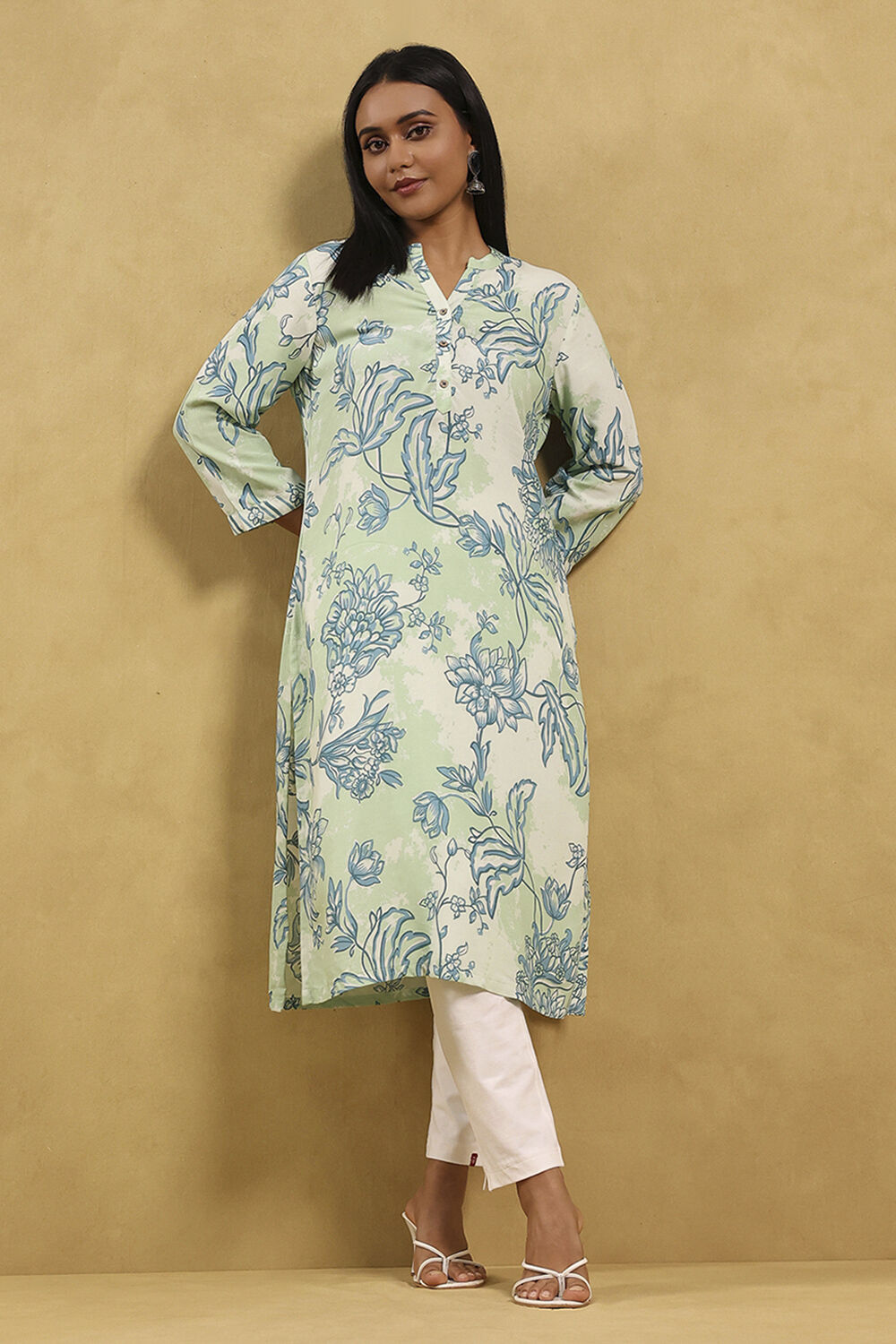 Sea Green Printed Straight Kurta image number 0
