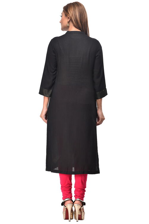Black Straight Cotton Kurta image number 3