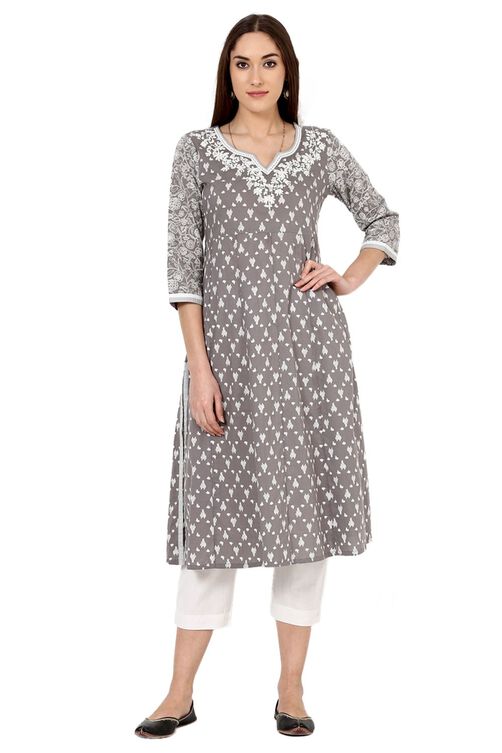 Grey Kalidar Cotton Kurta image number 0