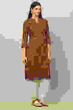 Brown Rayon Printed Straight Kurta image number 4