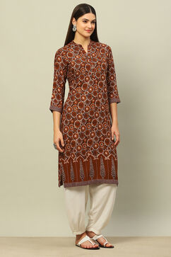 Brown Rayon Printed Straight Kurta image number 4