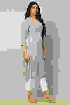 Grey Viscose Blend Striped Straight Kurta image number 4