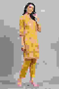 Yellow Cotton Printed Straight Kurta Pants Set image number 5