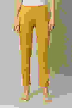 Yellow Poplin Lycra Slim Solid Slim Pants image number 5
