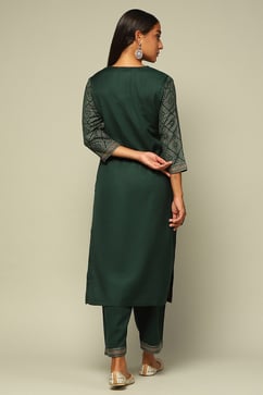 Green Acrylic Straight Yarn Dyed Kurta Palazzo Suit Set image number 4