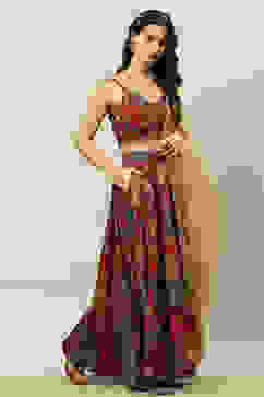 Pink Viscose Blend Straight Printed Crop Top Skirt Lehenga image number 5