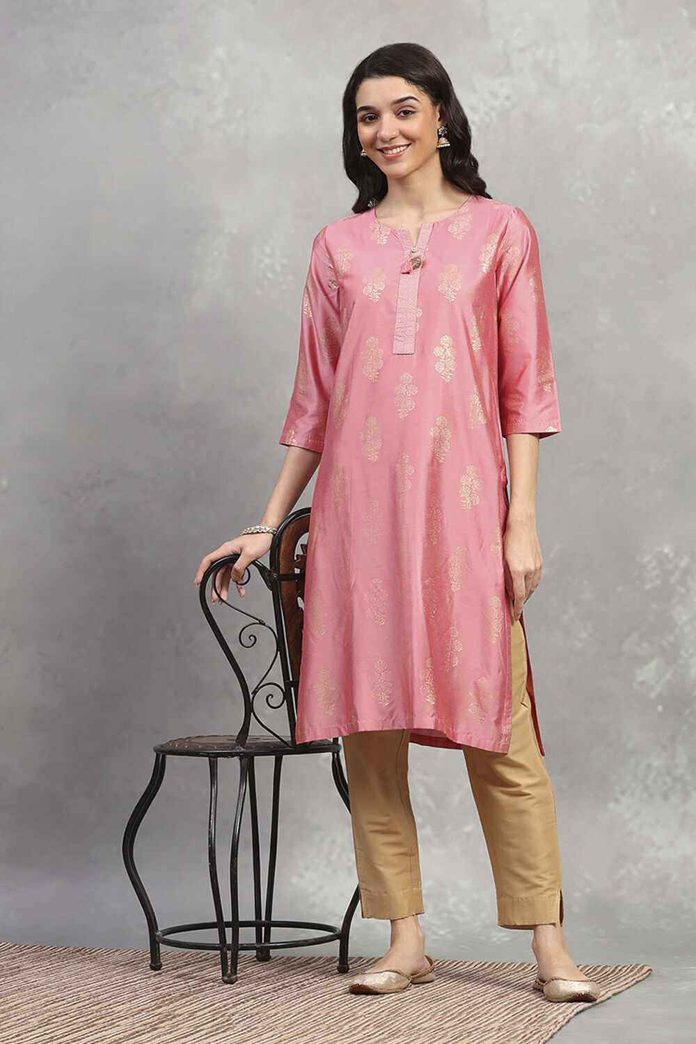 Pink Printed Straight Kurta image number 0