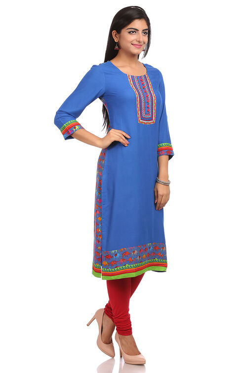 Blue Straight Cotton Kurta image number 2