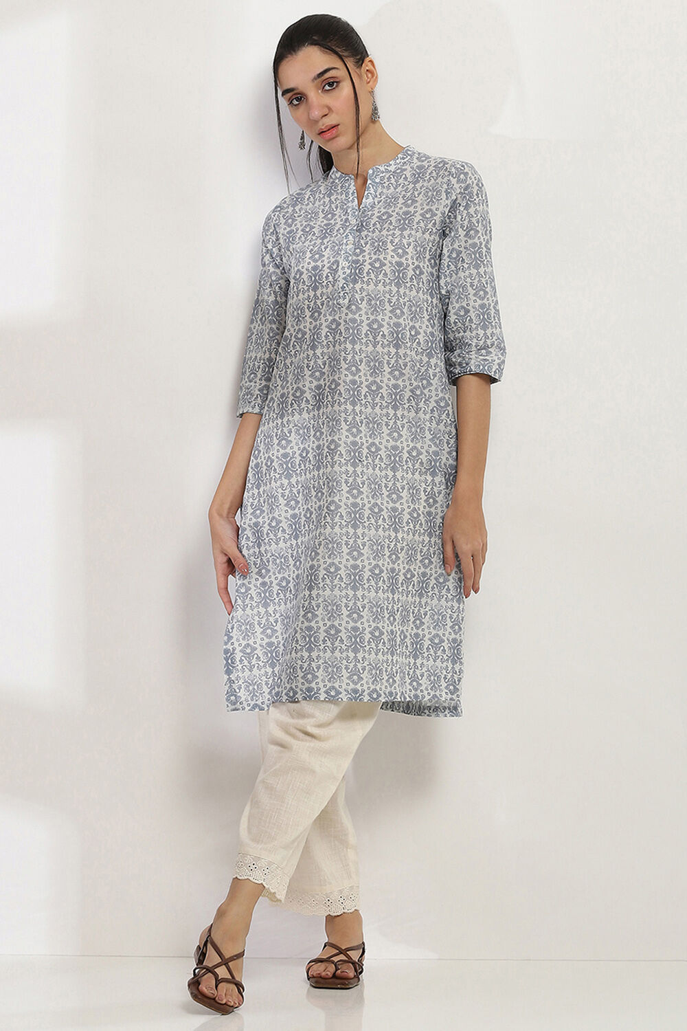 Grey Cotton Printed Straight Kurta image number 0