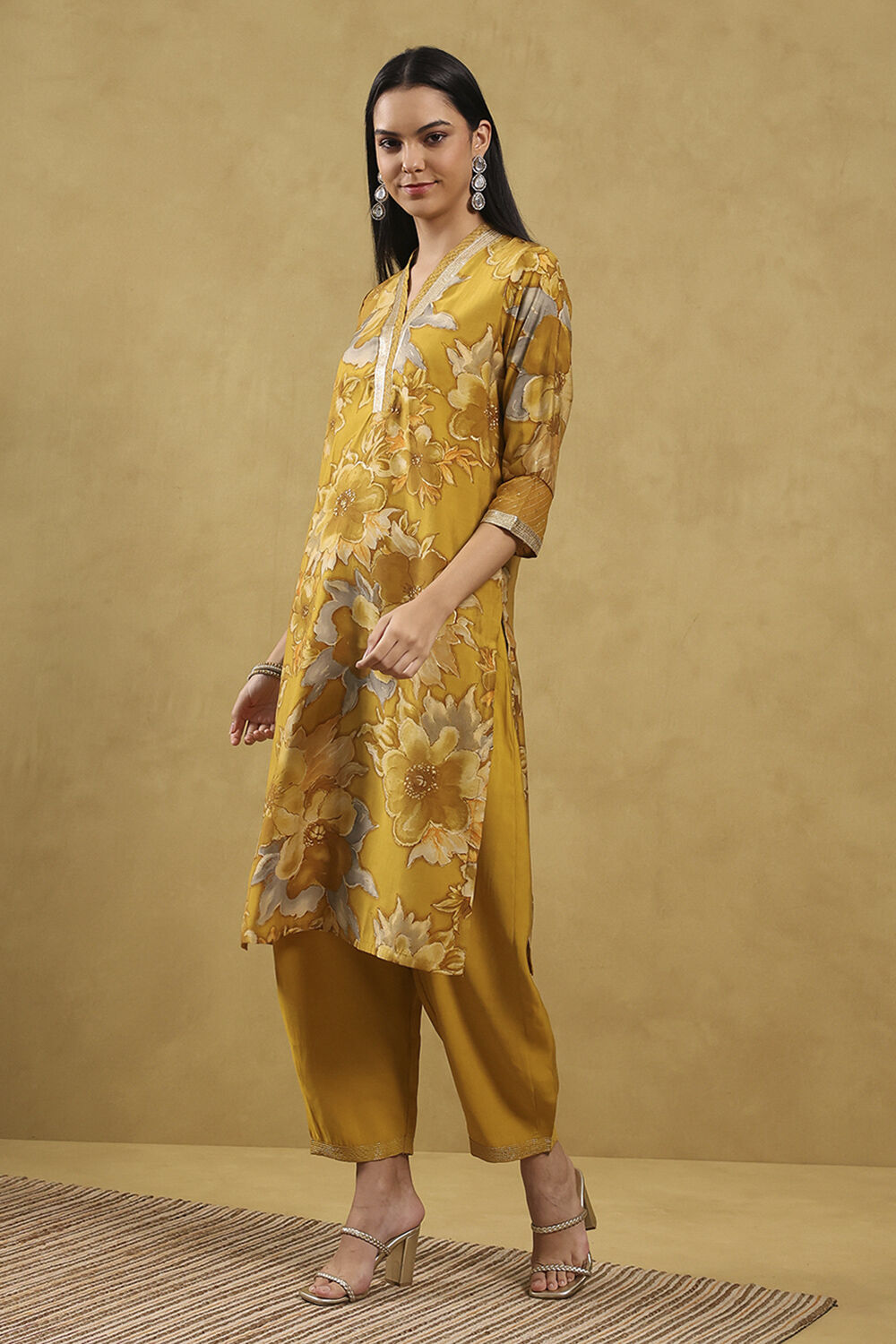 Mustard Viscose Blend Printed Straight Suit Set image number 3