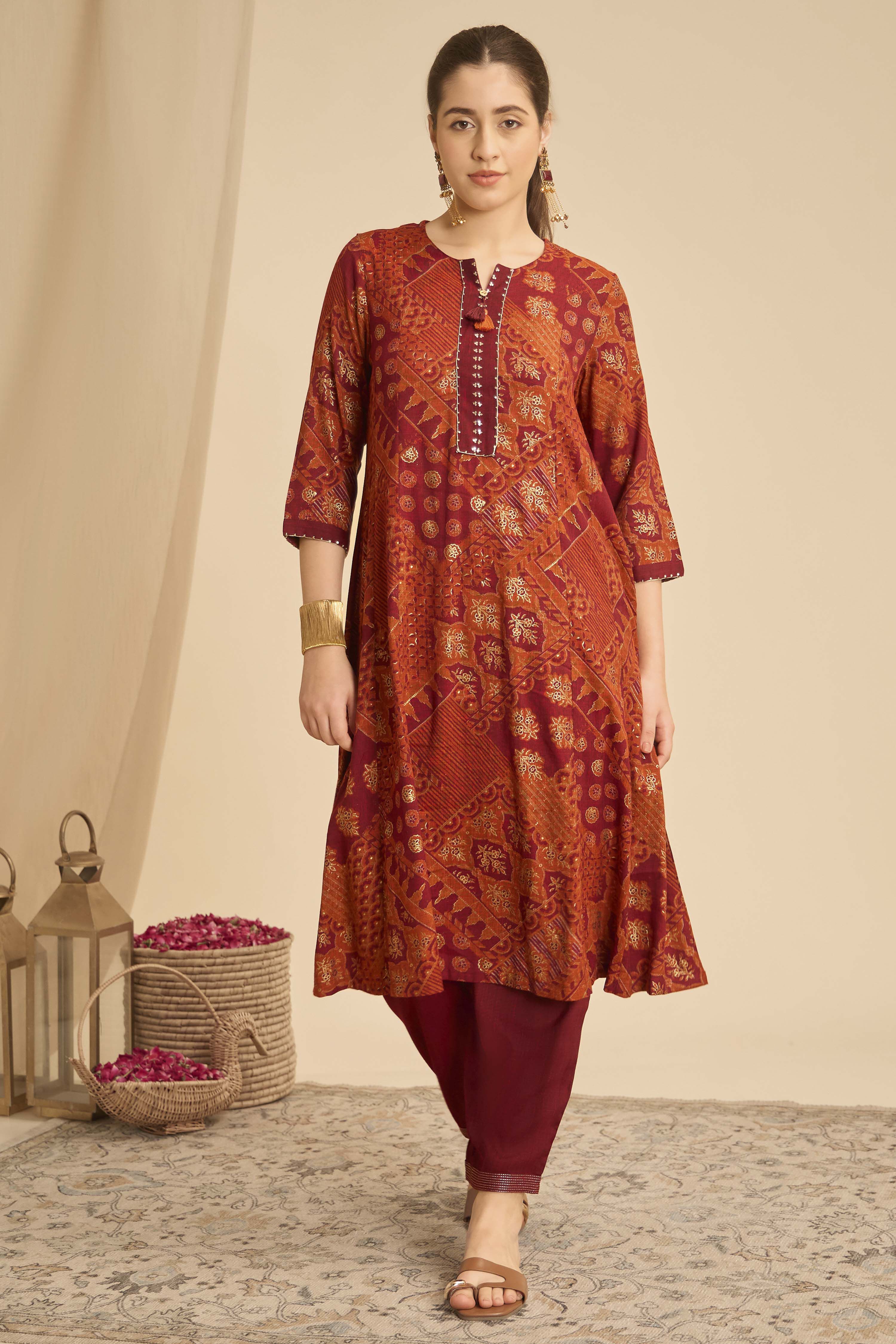 Orange Viscose Blend Straight Printed  image number 6