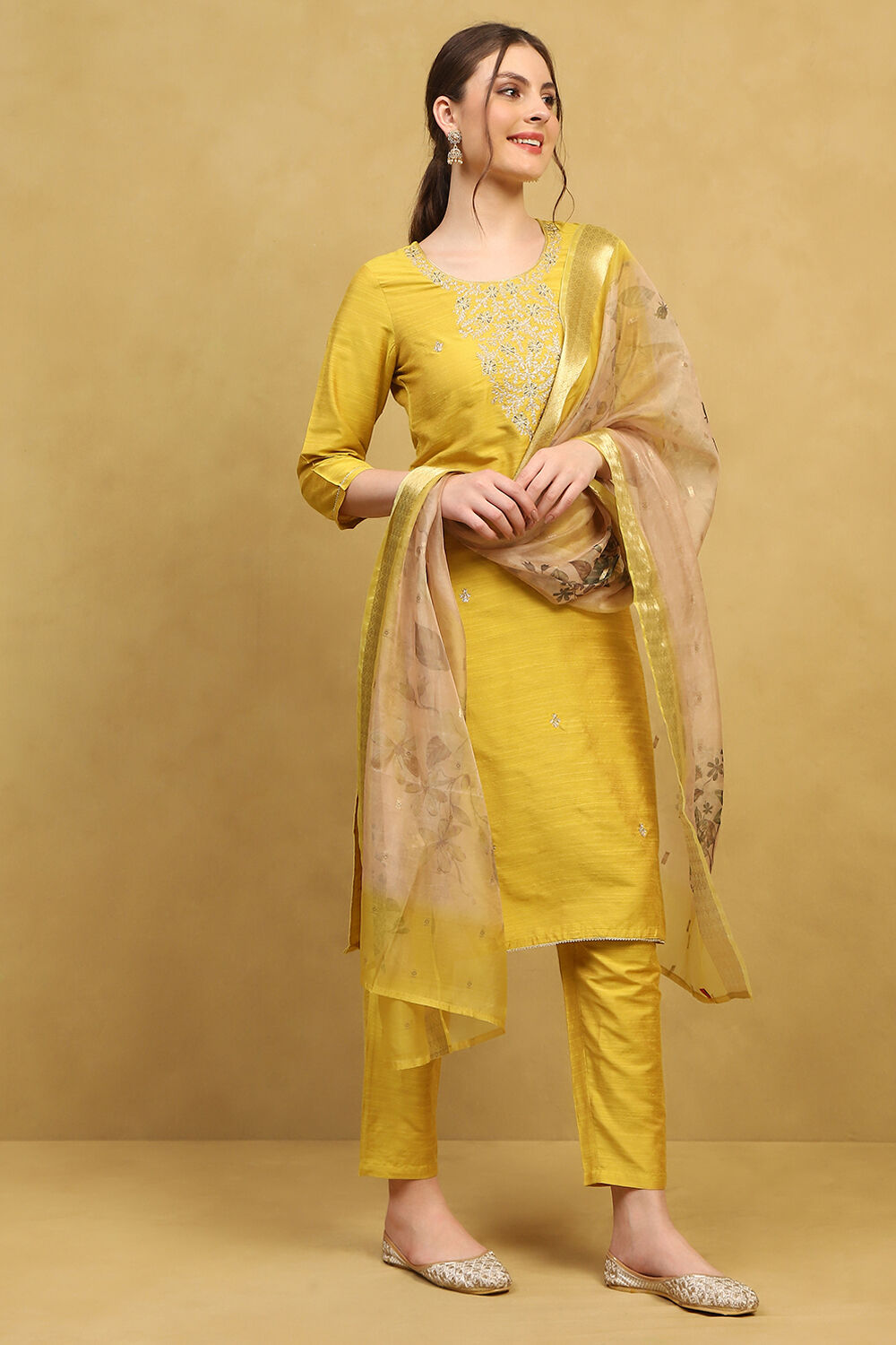 Yellow Viscose Blend Embroidered Straight Suit Set image number 5