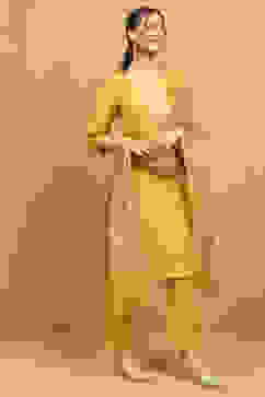 Yellow Viscose Blend Embroidered Straight Suit Set image number 5