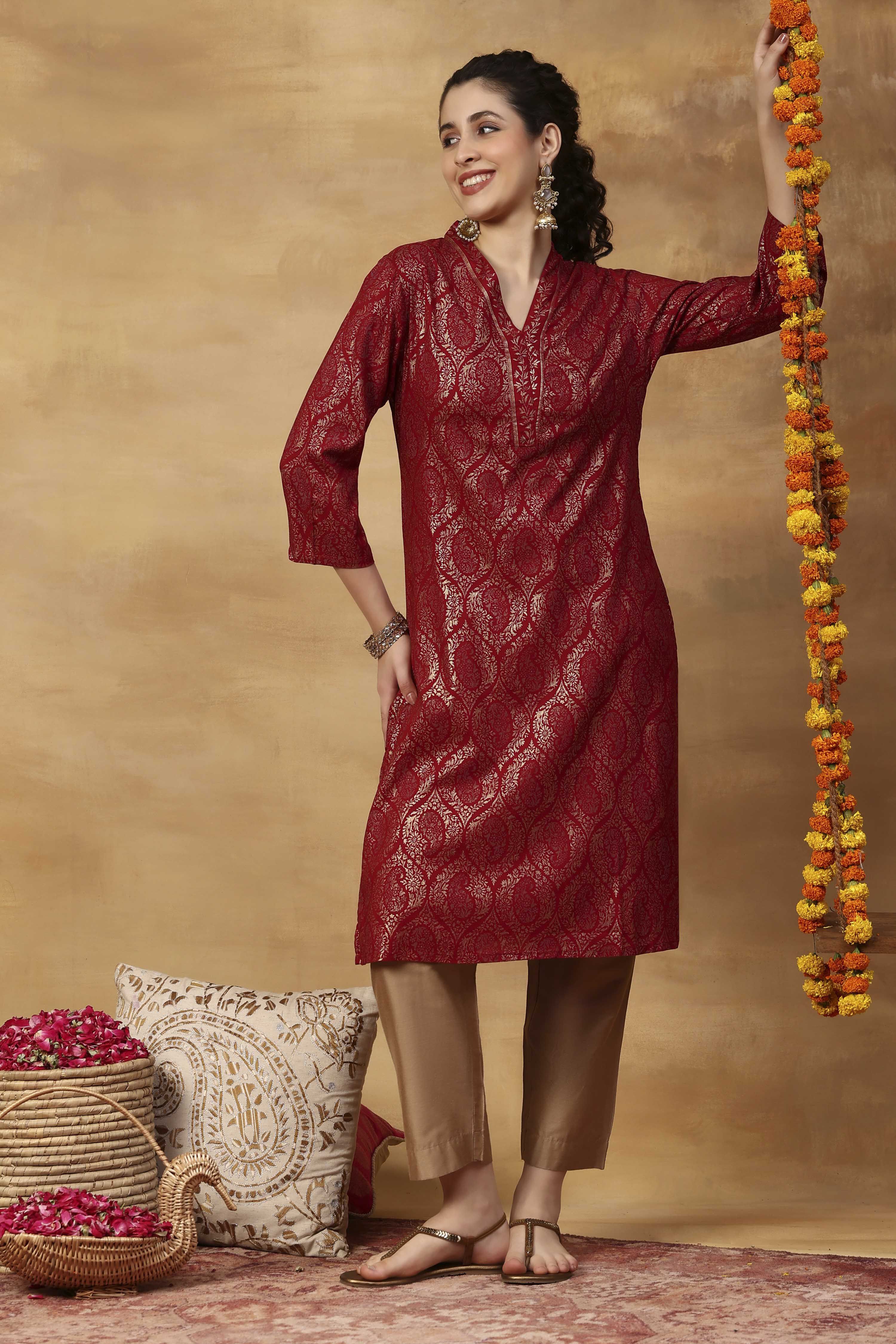 Red Printed Viscose Rayon Straight Kurta image number 0