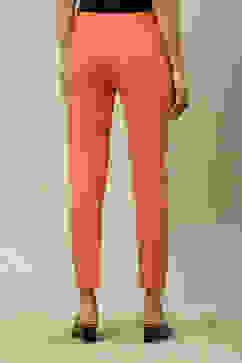 Peach Poplin Lycra Slim Solid Slim Pants image number 4