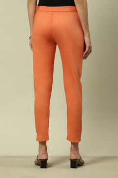 Peach Poplin Lycra Slim Solid Slim Pants image number 4