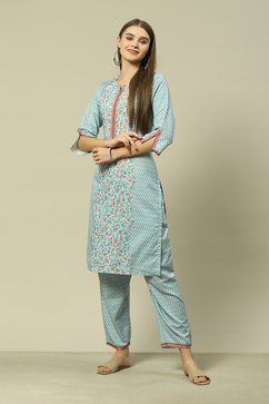 Aqua Blue Viscose Straight Printed Kurta Palazzo Suit Set image number 0