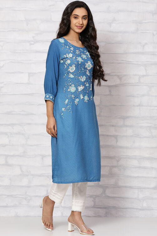 Indigo LIVA Straight Kurta image number 3