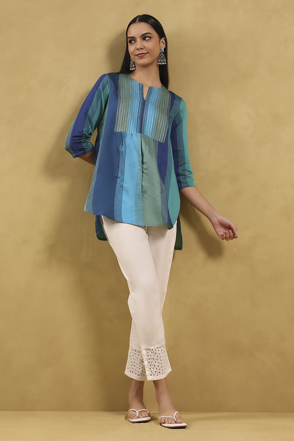 Blue Viscose Blend Solid Tiered Top image number 0