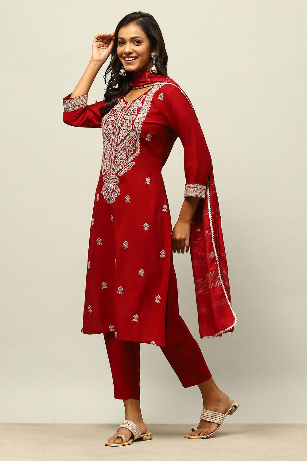 Maroon Viscose Blend Straight Embroidered Kurta Palazzo Suit Set image number 3