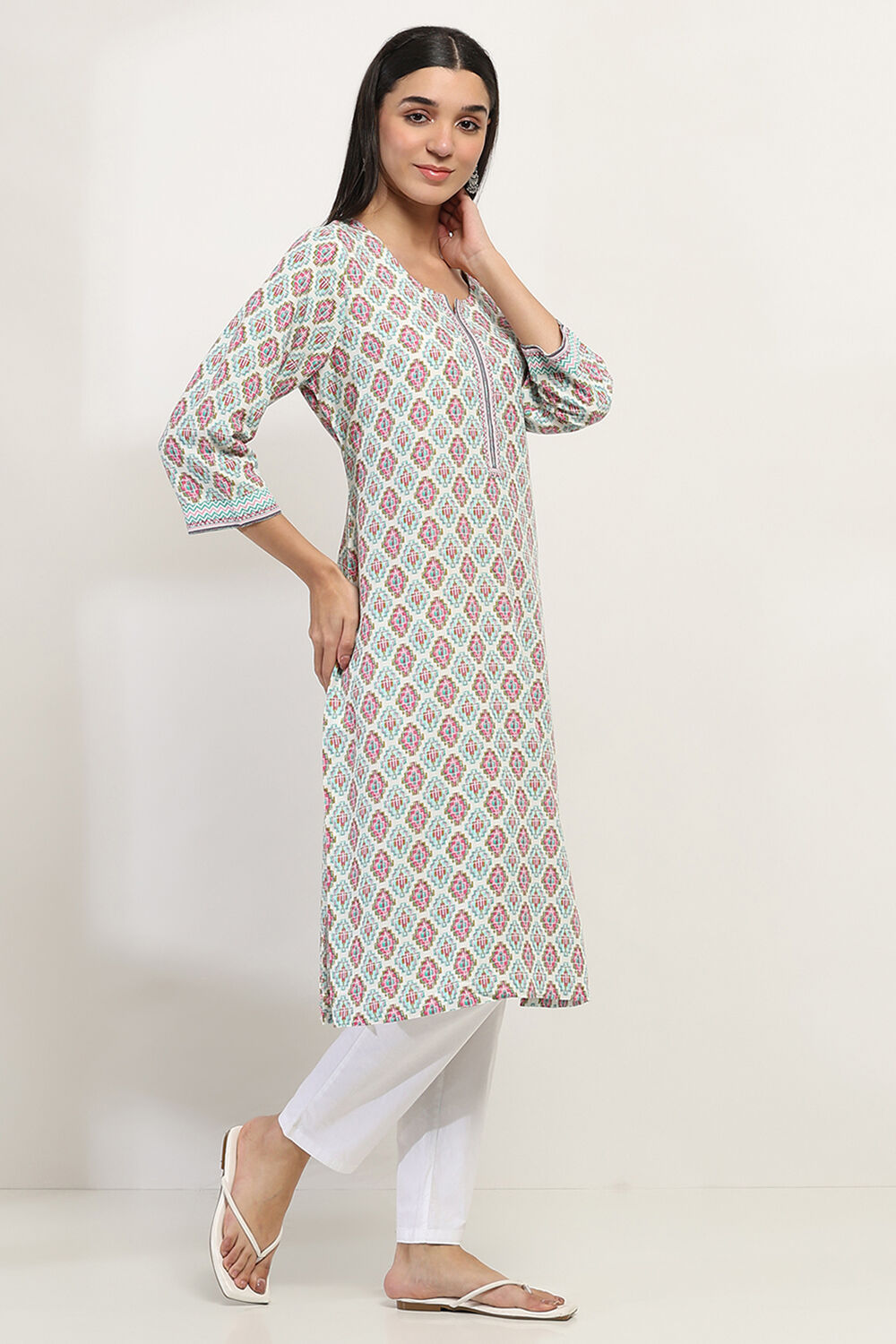 White and Teal Printed Straight Kurta image number 4