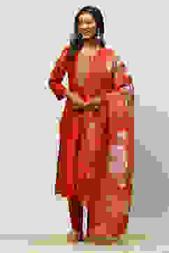 Rust Red Yarn Dyed Straight Festive Suit Set image number 6