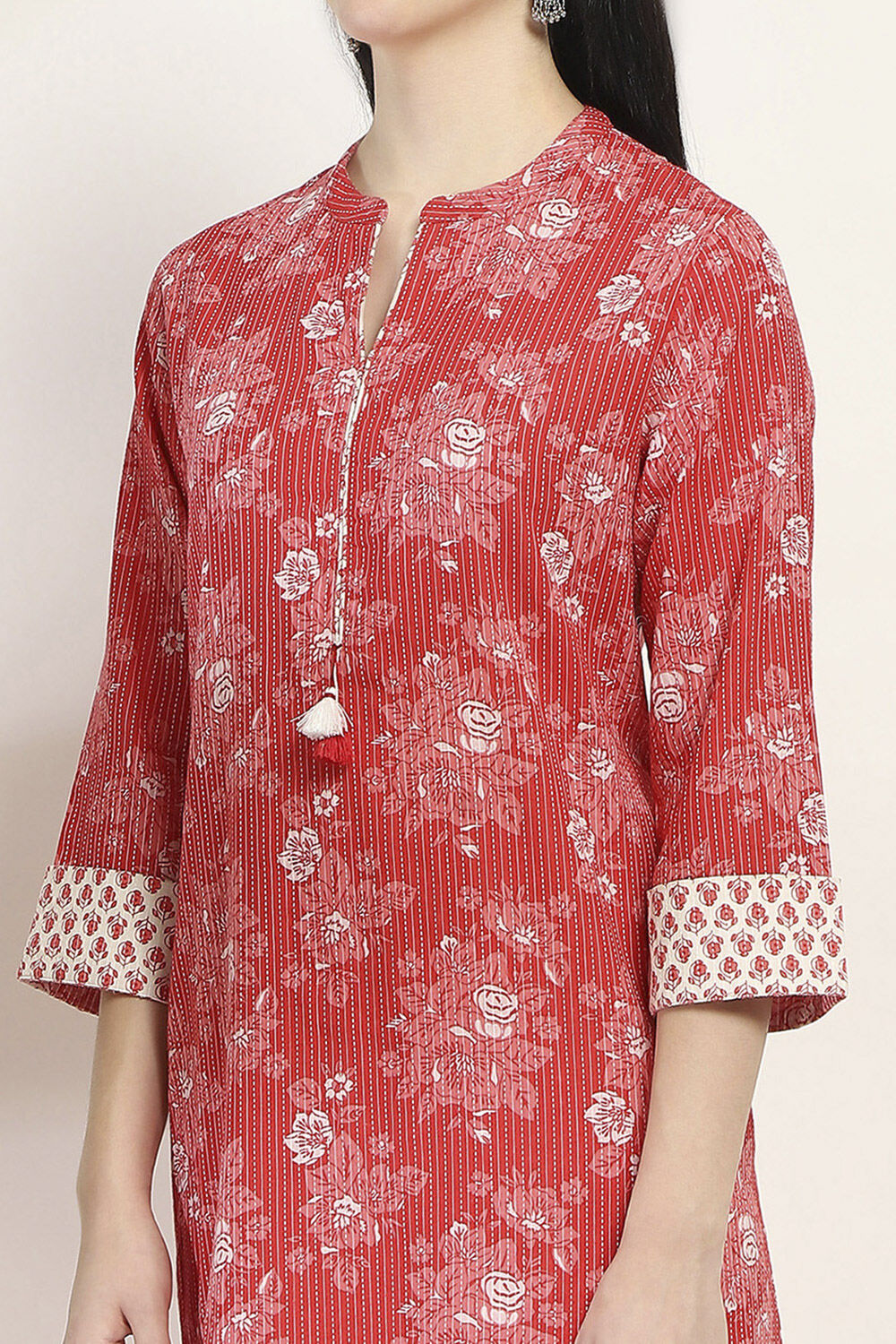 Red Cotton Printed Straight Kurta Set image number 1