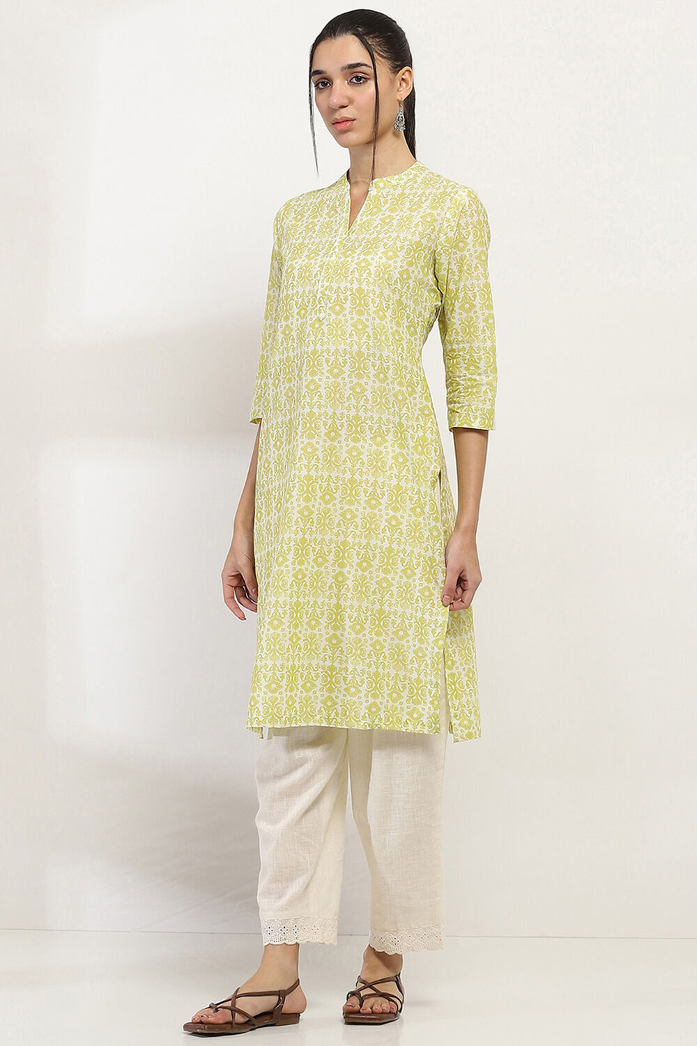 Lime Cotton Printed Straight Kurta image number 2