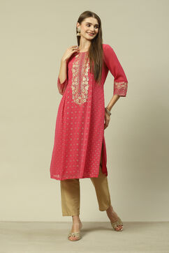 Pink Polyester Straight Printed Kurta image number 0