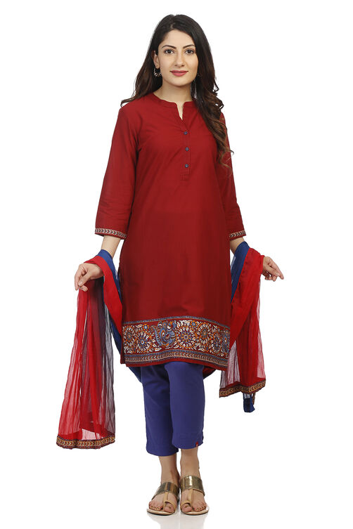 Maroon Straight Cotton Kurta image number 4