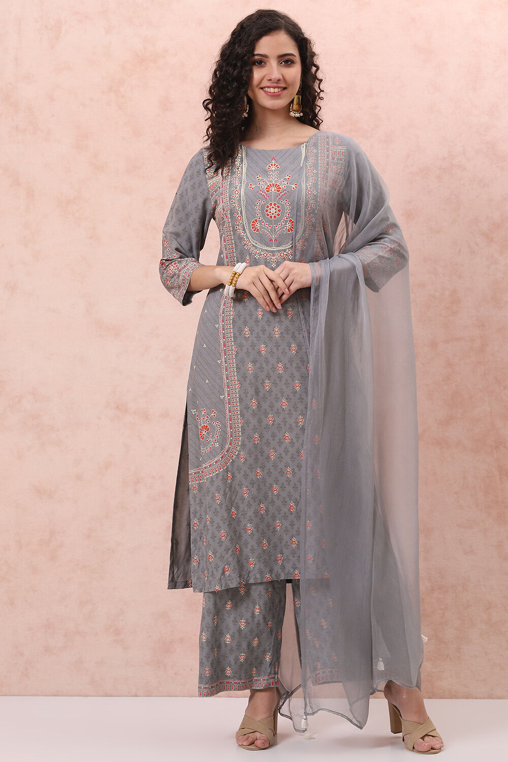 Grey LIVA Straight Suit Set image number 0