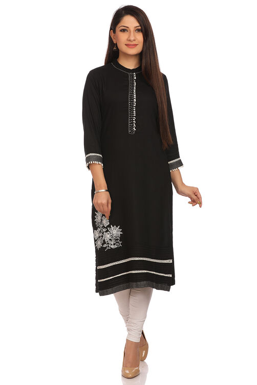 Black Straight Cotton Kurta image number 0