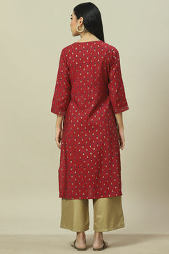 Maroon LIVA Straight Kurta image number 4