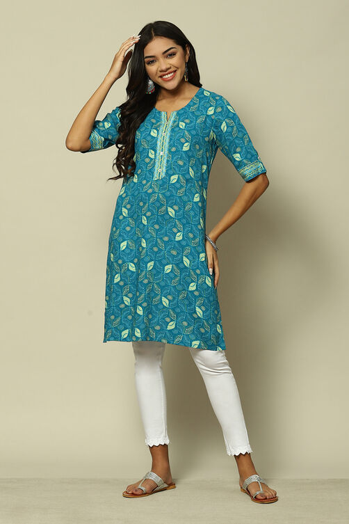 Teal Blue Viscose Straight Printed Kurta image number 0