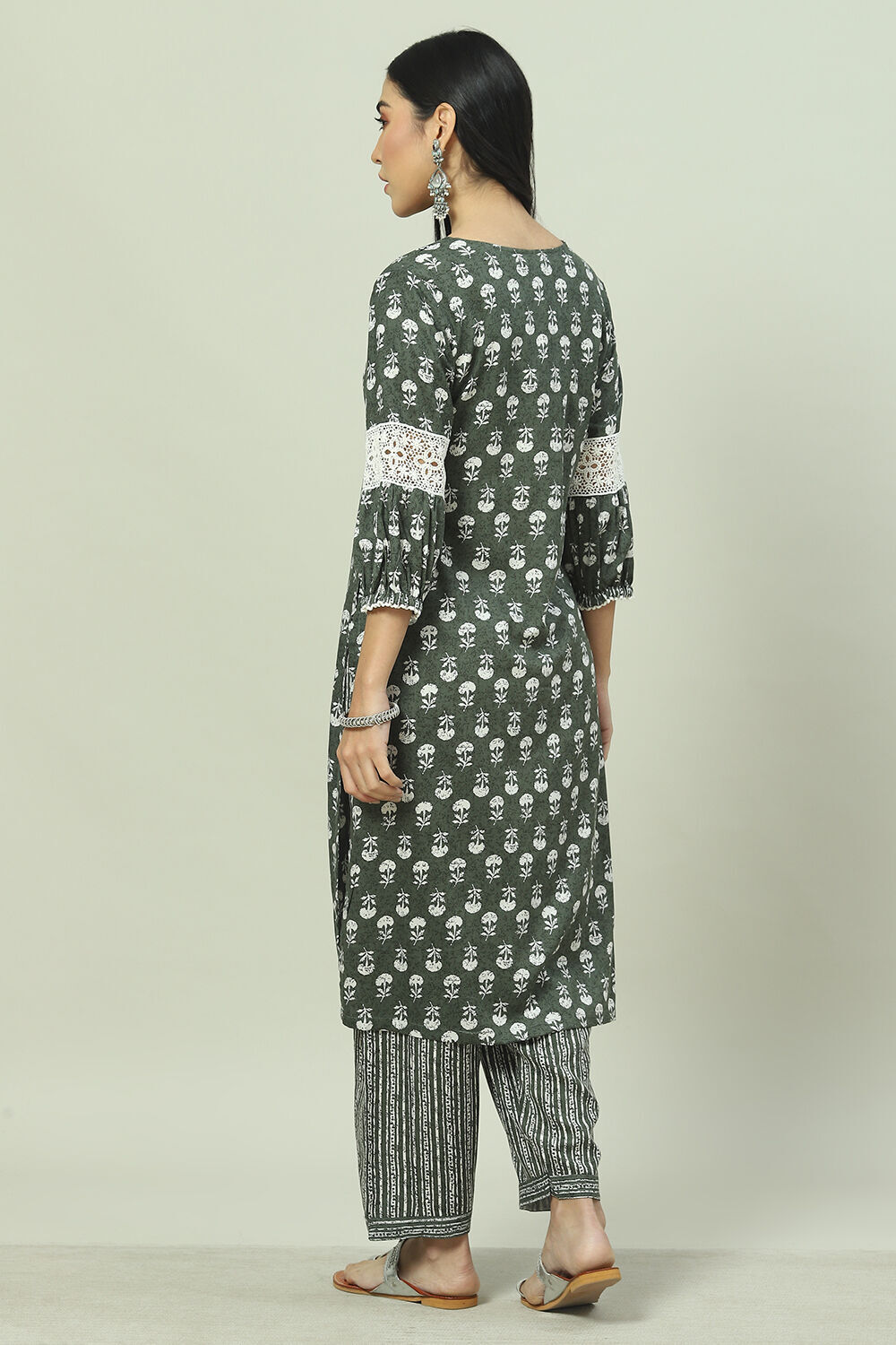 Olive Green Rayon Straight Printed Kurta Palazzo Suit Set image number 4