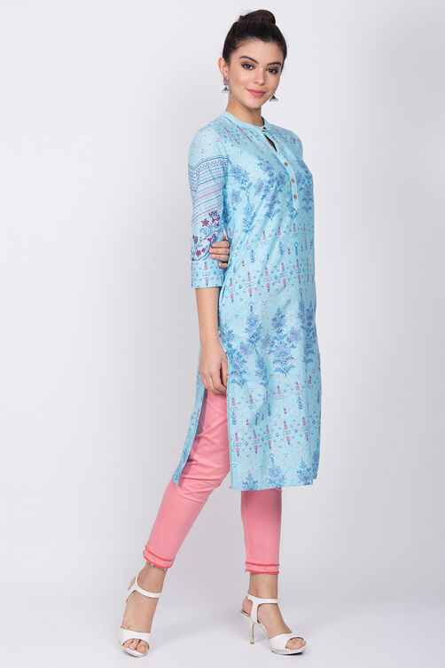 Sky Blue Cotton Straight Kurta image number 3