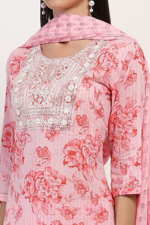 Pink Cotton Printed Straight Suit Set image number 1